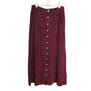 American Eagle Outfitters Vintage Floral Midi Skirt 10 Red Button Front